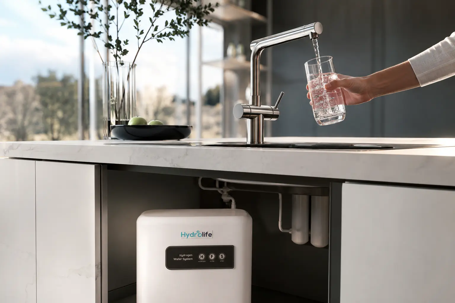 Person fills a glass from a modern kitchen faucet; a Hydrolife under-sink water filtration unit is visible beneath the counter.