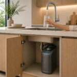 Person fills a glass at a modern kitchen sink while water runs from the tap; an under-sink water filtration/pump unit is visible inside the cabinet.