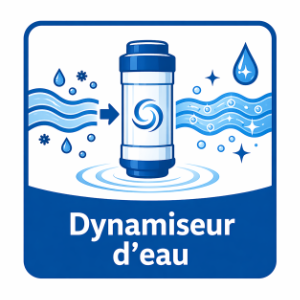 Label for a water energizer device showing a cylindrical purifier with swirling water and droplets, and the text 'Dynamiseur d'eau'.