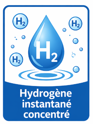 Label showing a large blue water drop with H2 symbols and bubbles, and the text 'Hydrogène instantané concentré'