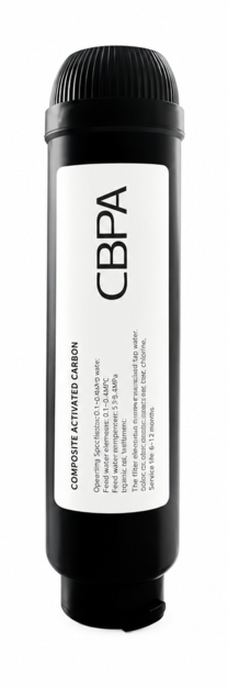 Black cylindrical container with a white label bearing the vertical text 'CBPA' and smaller text 'COMPOST ACTIVATED CARBON' along the label; screw-on cap at the top.