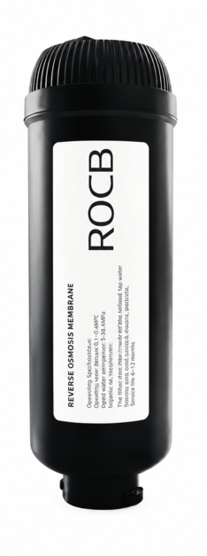 Black cylindrical reverse osmosis membrane housing with a white label reading 'ROCB', used in water filtration systems.