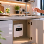 Modern kitchen with an under-sink Hydrolife hydrogen water system mounted in the cabinet; faucet fills a glass of water nearby.