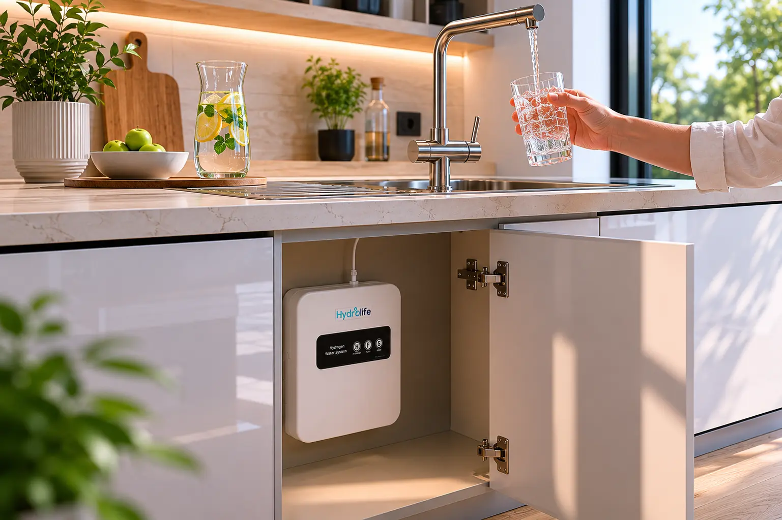 Modern kitchen with an under-sink Hydrolife hydrogen water system mounted in the cabinet; faucet fills a glass of water nearby.